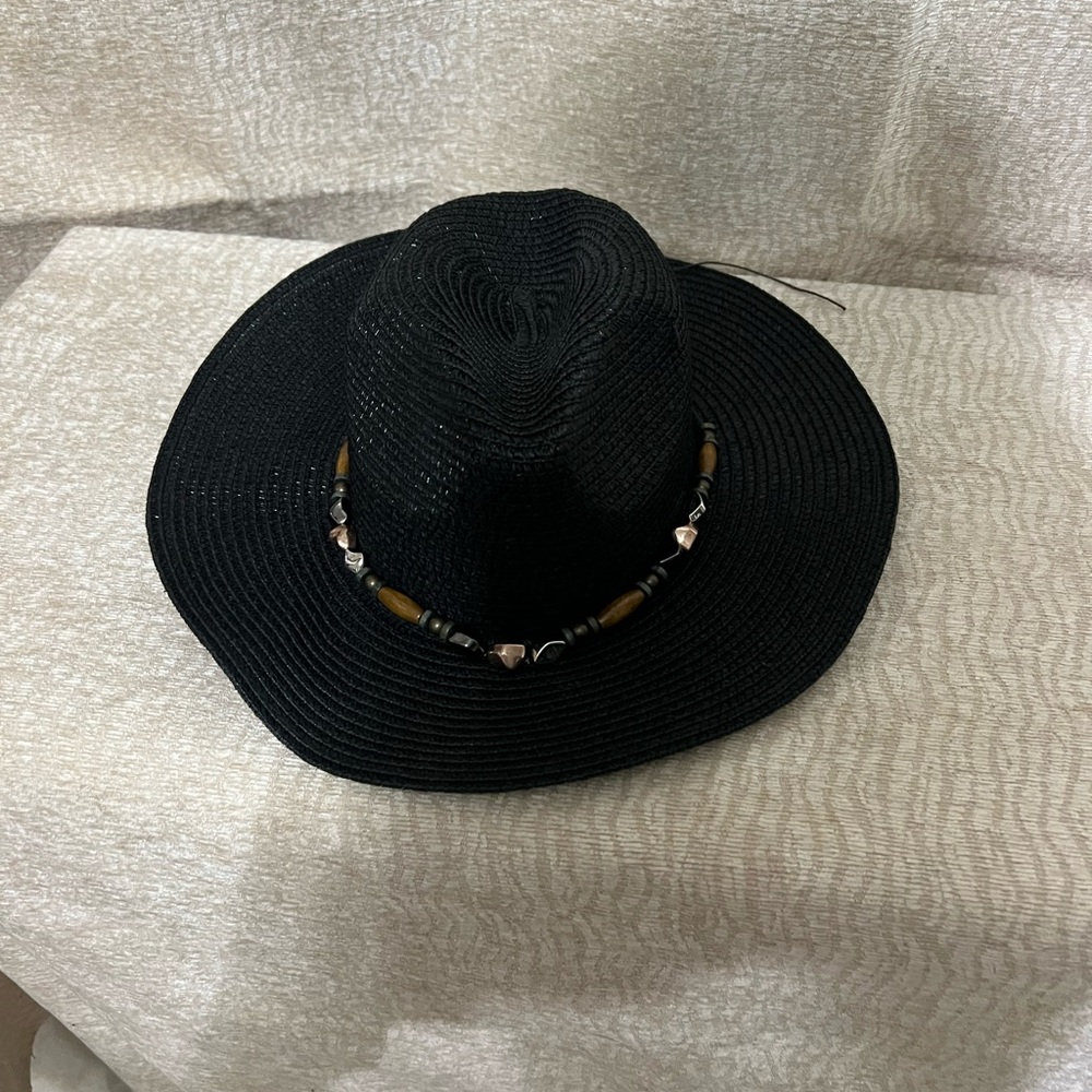 Black synthetic straw hat with bead banding